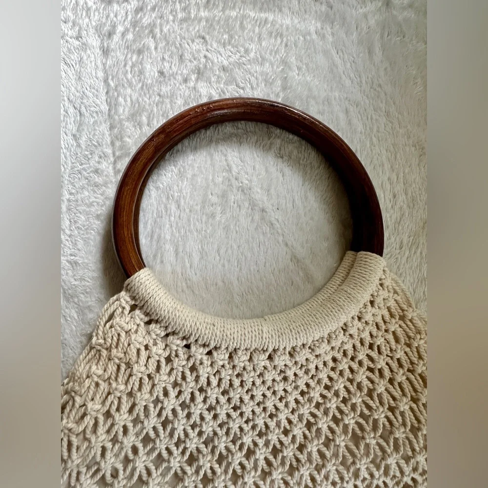 Macrame Bag Crochet Handbag Woven Purse Wood Ring Handles Fringe Boho Bag NEW